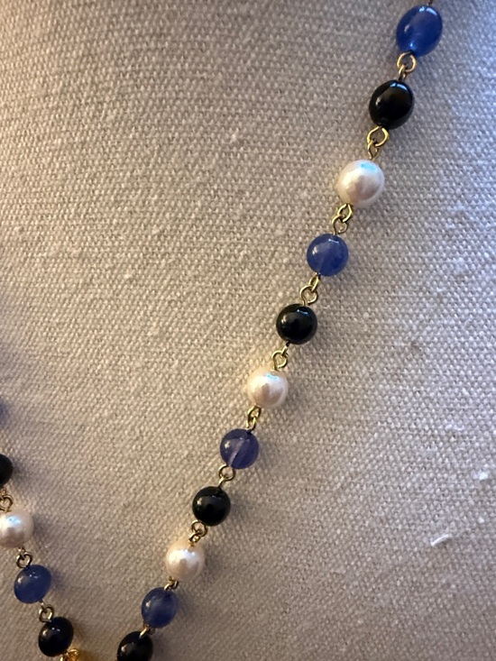 Monet Rare Long Tassel GoldTone Necklace w/Black & Blue Beads plus  Faux Pearls. - Picture 3 of 6